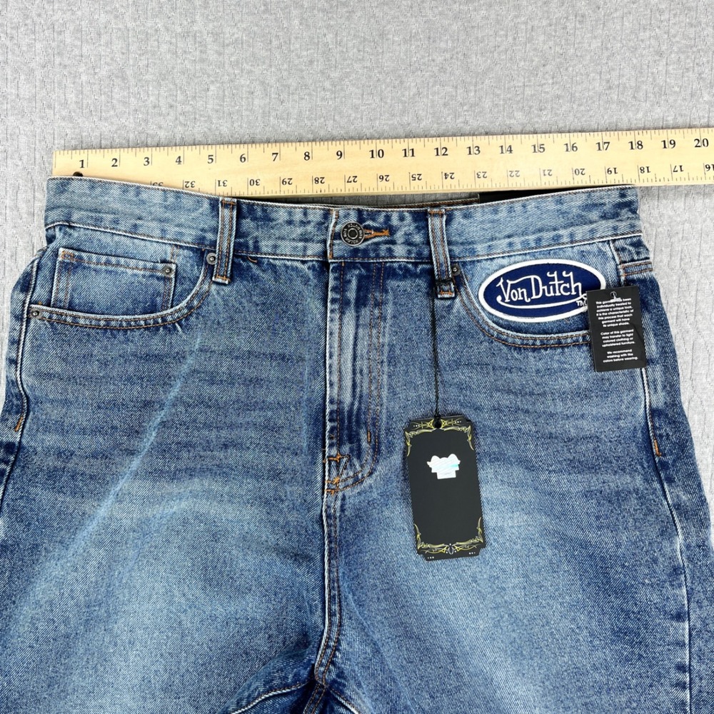 New Von Dutch Denim Shorts Men 34 Blue Originals Logo Patch Baggy Y2K Streetwear - Picture 10 of 14